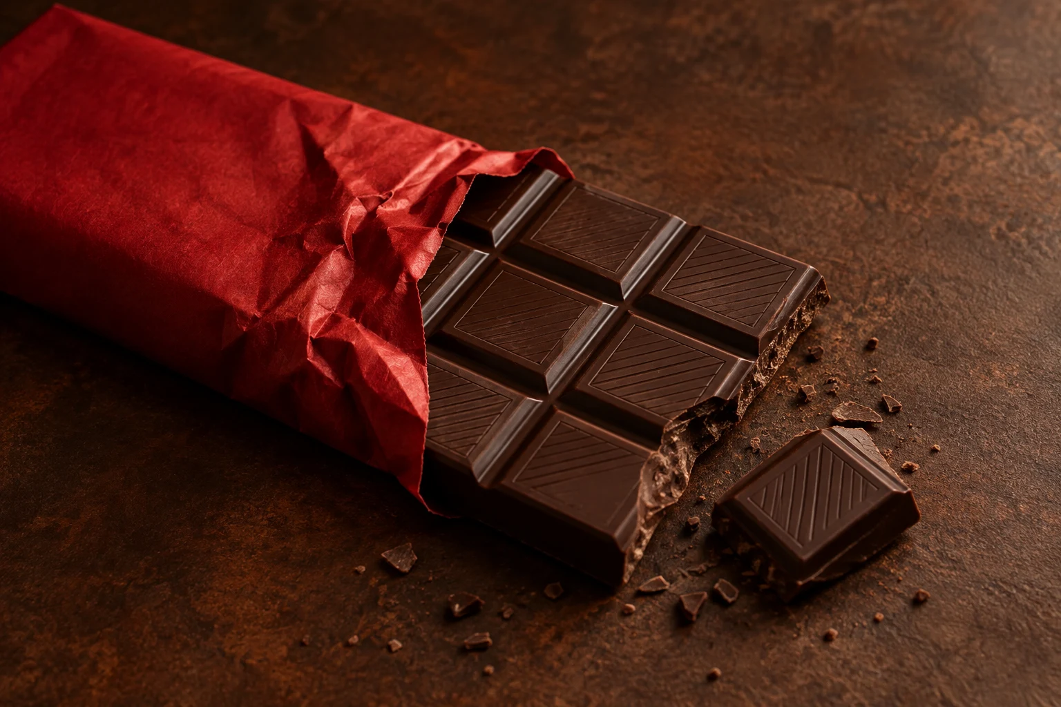 Chocolate em papel vermelho sobre superfície escura, imagem gerada com IA